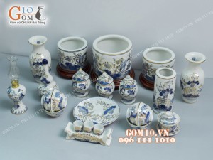 Bộ đồ thờ men lam cổ họa tiết hoa Sen, vẽ vàng 24k cao cấp