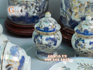 Bộ đồ thờ men lam cổ họa tiết hoa Sen, vẽ vàng 24k cao cấp