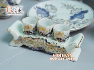 Bộ đồ thờ men lam cổ họa tiết hoa Sen, vẽ vàng 24k cao cấp