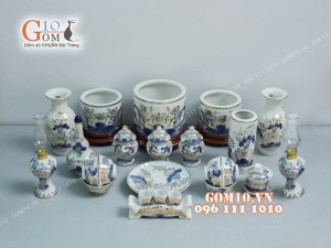 Bộ đồ thờ men lam cổ họa tiết hoa Sen, vẽ vàng 24k cao cấp