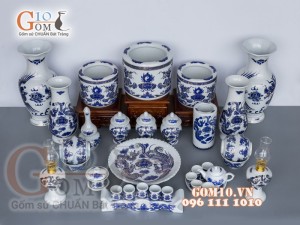 Bộ đồ thờ họa tiết Rồng Phúc Lộc Thọ xanh kim đầy đủ (có tam cấp)