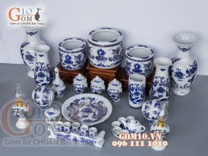 Bộ đồ thờ họa tiết Rồng Phúc Lộc Thọ xanh kim đầy đủ (có tam cấp)