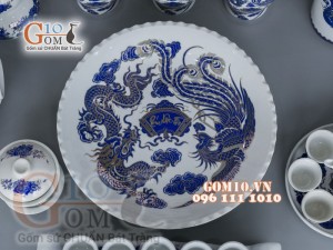 Bộ đồ thờ họa tiết Rồng Phúc Lộc Thọ xanh kim đầy đủ (có tam cấp)