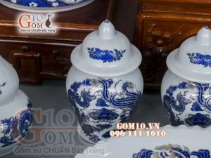 Bộ đồ thờ họa tiết Rồng Phúc Lộc Thọ xanh kim đầy đủ (có tam cấp)