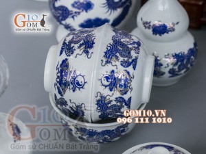 Bộ đồ thờ họa tiết Rồng Phúc Lộc Thọ xanh kim đầy đủ (có tam cấp)