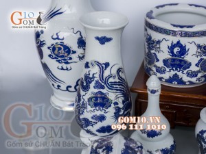 Bộ đồ thờ họa tiết Rồng Phúc Lộc Thọ xanh kim đầy đủ (có tam cấp)