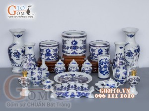 Bộ đồ thờ họa tiết Rồng Phúc Lộc Thọ xanh kim đầy đủ (có tam cấp)