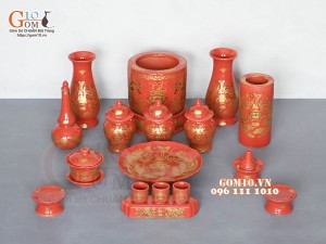 Bộ đồ thờ Hỏa Long họa tiết Phúc - Lộc - Thọ vàng kim men đỏ 03