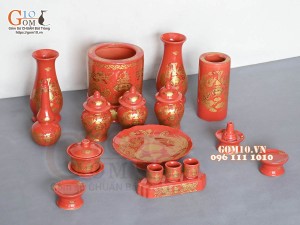 Bộ đồ thờ Hỏa Long họa tiết Phúc - Lộc - Thọ vàng kim men đỏ 03