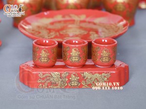 Bộ đồ thờ Hỏa Long họa tiết Phúc - Lộc - Thọ vàng kim men đỏ 03