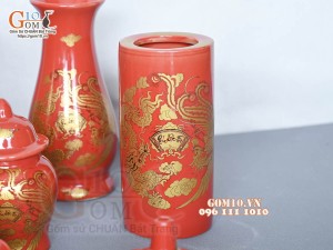 Bộ đồ thờ Hỏa Long họa tiết Phúc - Lộc - Thọ vàng kim men đỏ 03