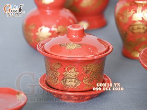 Bộ đồ thờ Hỏa Long họa tiết Phúc - Lộc - Thọ vàng kim men đỏ 03