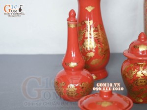 Bộ đồ thờ Hỏa Long họa tiết Phúc - Lộc - Thọ vàng kim men đỏ 03