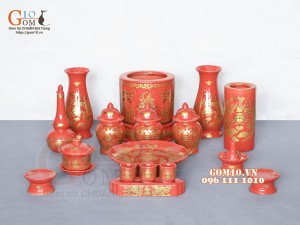 Bộ đồ thờ Hỏa Long họa tiết Phúc - Lộc - Thọ vàng kim men đỏ 03