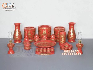 Bộ đồ thờ Hỏa Long họa tiết Phúc - Lộc - Thọ vàng kim men đỏ 02