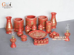 Bộ đồ thờ Hỏa Long họa tiết Phúc - Lộc - Thọ vàng kim men đỏ 02