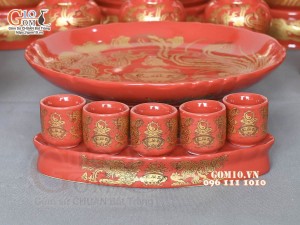 Bộ đồ thờ Hỏa Long họa tiết Phúc - Lộc - Thọ vàng kim men đỏ 02