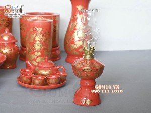 Bộ đồ thờ Hỏa Long họa tiết Phúc - Lộc - Thọ vàng kim men đỏ 02