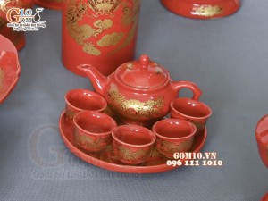 Bộ đồ thờ Hỏa Long họa tiết Phúc - Lộc - Thọ vàng kim men đỏ 02
