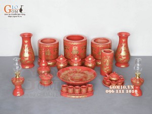 Bộ đồ thờ Hỏa Long họa tiết Phúc - Lộc - Thọ vàng kim men đỏ 02