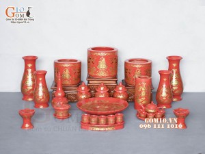 Bộ đồ thờ Hỏa Long họa tiết Phúc - Lộc - Thọ vàng kim men đỏ 01