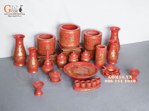 Bộ đồ thờ Hỏa Long họa tiết Phúc - Lộc - Thọ vàng kim men đỏ 01