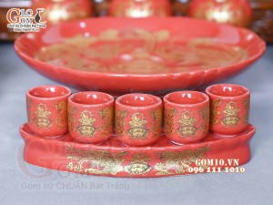 Bộ đồ thờ Hỏa Long họa tiết Phúc - Lộc - Thọ vàng kim men đỏ 01