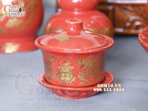 Bộ đồ thờ Hỏa Long họa tiết Phúc - Lộc - Thọ vàng kim men đỏ 01