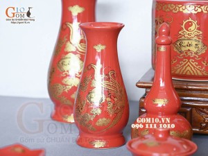 Bộ đồ thờ Hỏa Long họa tiết Phúc - Lộc - Thọ vàng kim men đỏ 01