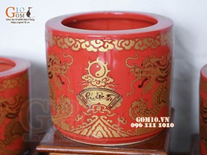 Bộ đồ thờ Hỏa Long họa tiết Phúc - Lộc - Thọ vàng kim men đỏ 01