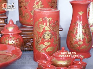 Bộ đồ thờ Hỏa Long họa tiết Phúc - Lộc - Thọ vàng kim men đỏ 01