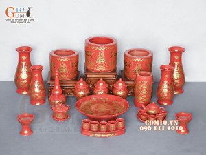 Bộ đồ thờ Hỏa Long họa tiết Phúc - Lộc - Thọ vàng kim men đỏ 01
