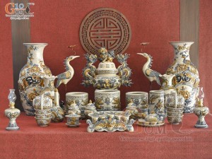 Bộ đồ thờ Hỷ Sự Nạp Phúc men rạn đắp nổi Rồng cao cấp 04