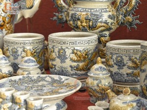 Bộ đồ thờ Hỷ Sự Nạp Phúc men rạn đắp nổi Rồng cao cấp 04