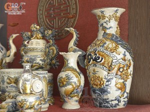 Bộ đồ thờ Hỷ Sự Nạp Phúc men rạn đắp nổi Rồng cao cấp 04