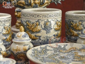 Bộ đồ thờ Hỷ Sự Nạp Phúc men rạn đắp nổi Rồng cao cấp 04