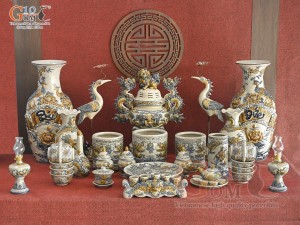 Bộ đồ thờ Hỷ Sự Nạp Phúc men rạn đắp nổi Rồng cao cấp 04