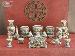 Bộ đồ thờ Hỷ Sự Nạp Phúc men rạn đắp nổi Rồng cao cấp 05