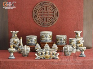 Bộ đồ thờ Hỷ Sự Nạp Phúc men rạn đắp nổi Rồng cao cấp 06