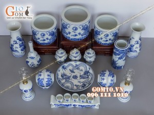 Bộ đồ thờ men dong cổ vẽ rồng (có tam cấp)