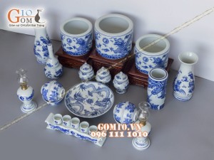 Bộ đồ thờ men dong cổ vẽ rồng (có tam cấp)