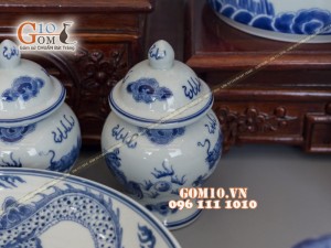Bộ đồ thờ men dong cổ vẽ rồng (có tam cấp)
