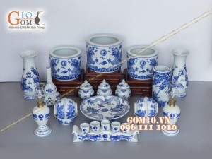 Bộ đồ thờ men dong cổ vẽ rồng (có tam cấp)