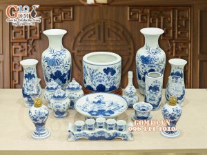 Bộ đồ thờ men lam vẽ Sen Đại Cát