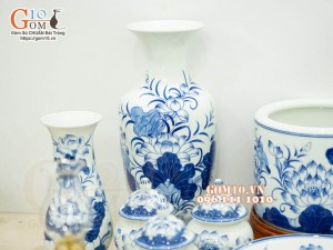 Bộ đồ thờ men lam vẽ Sen Đại Cát