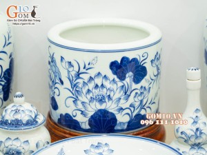 Bộ đồ thờ men lam vẽ Sen Đại Cát