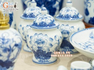 Bộ đồ thờ men lam vẽ Sen Đại Cát