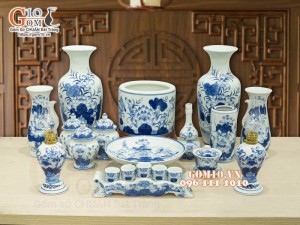 Bộ đồ thờ men lam vẽ Sen Đại Cát