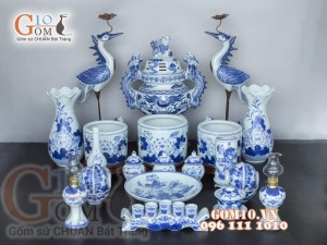 Bộ đồ thờ men lam cổ vẽ Sen Phú Quý Tài Lộc 01, cả đỉnh hạc