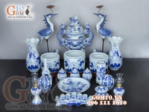 Bộ đồ thờ men lam cổ vẽ Sen Phú Quý Tài Lộc 01, cả đỉnh hạc